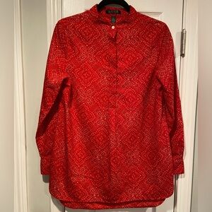 LRL Ralph Lauren Red Tan Long Sleeve Button Popover Split Hem Tunic Top Size S